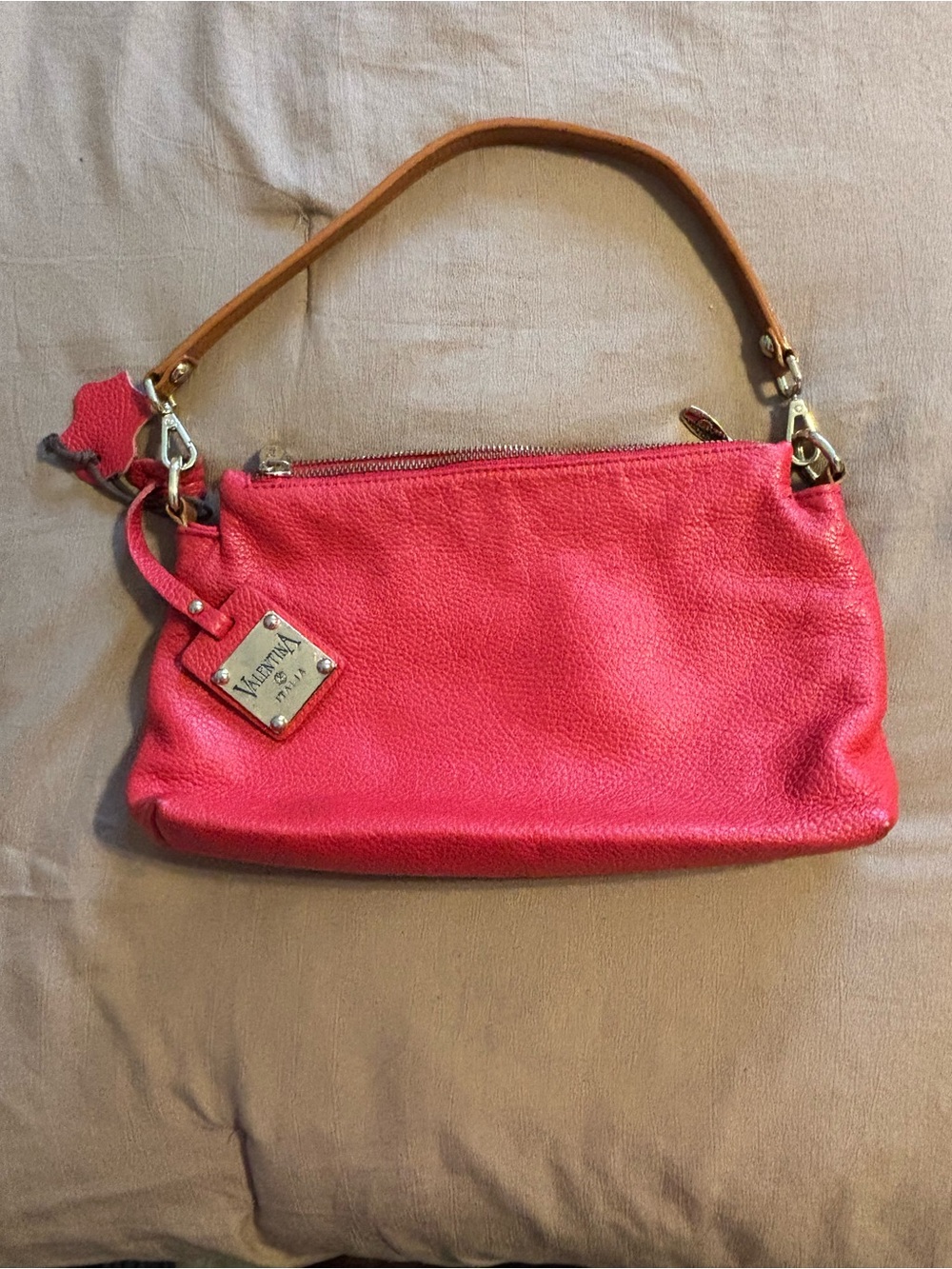 Valentina Coral-Red Pebbled Leather Shoulder Bag with Tan Strap